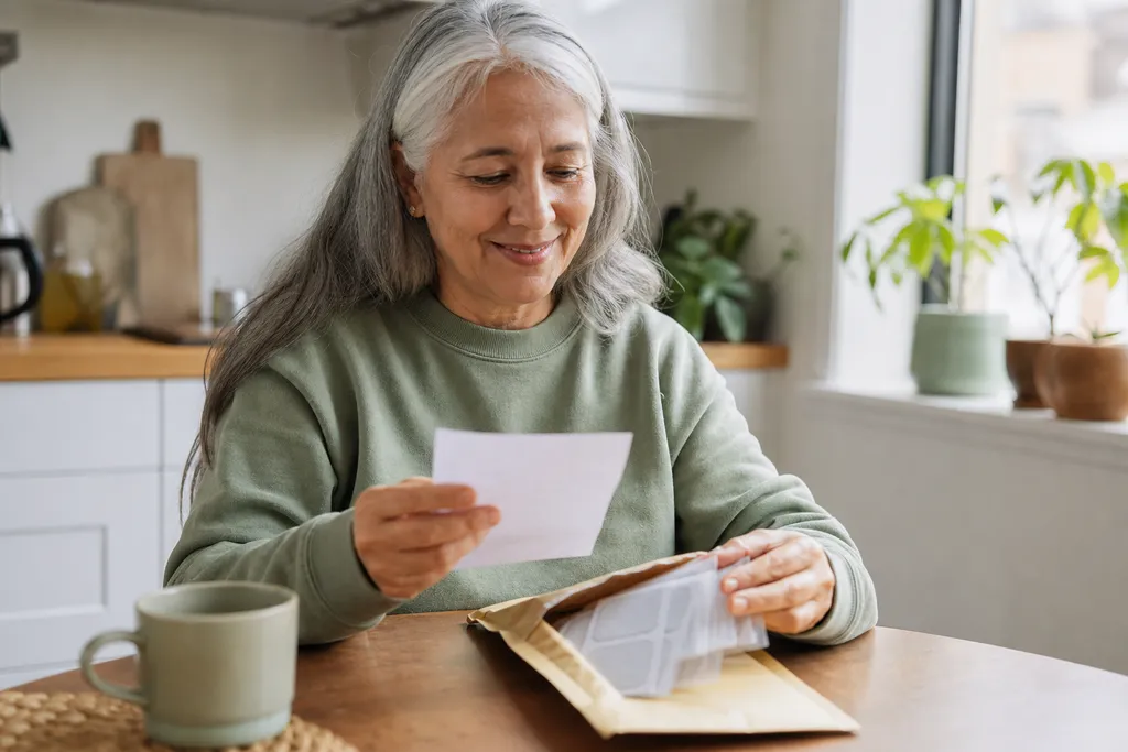 Patient at a kitchen table opening a mailer of replacement electrode pads