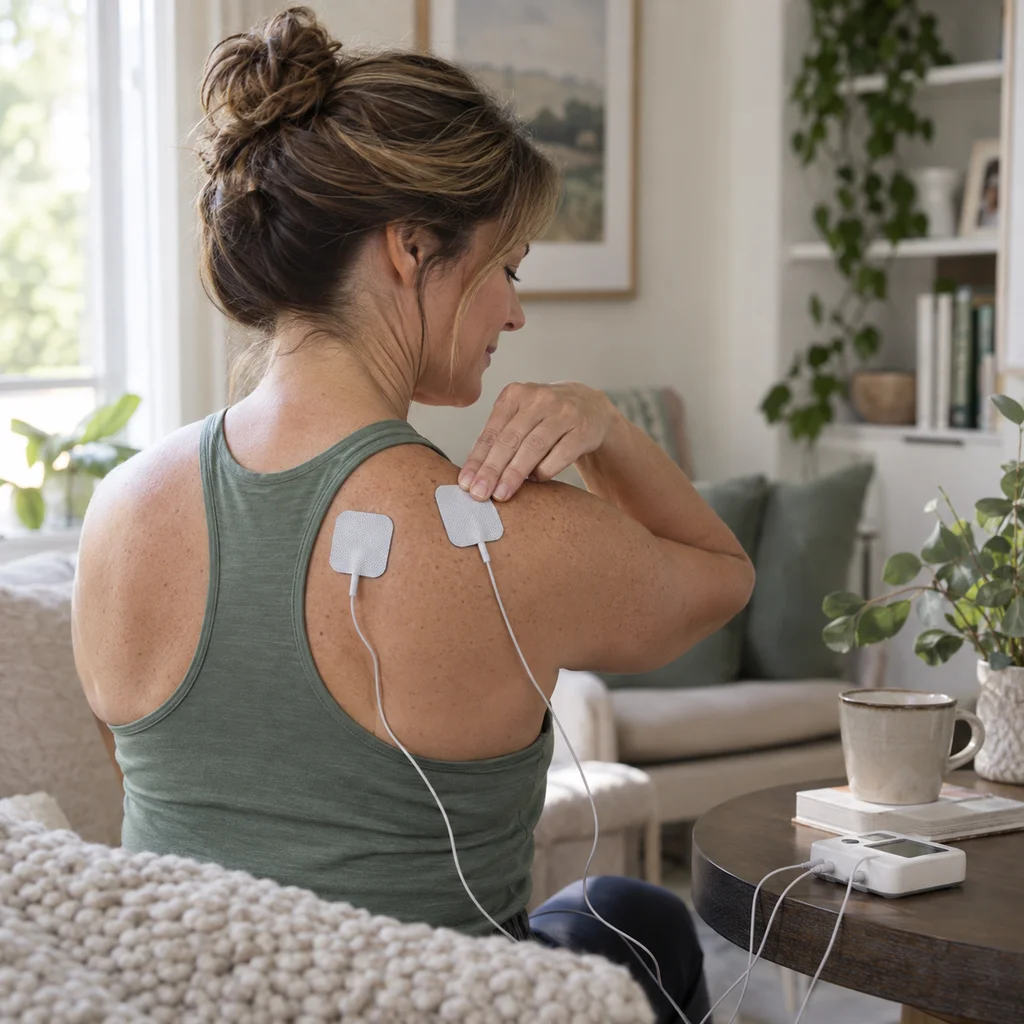 Woman at home applying a TENS electrode pad to her upper back near the shoulder